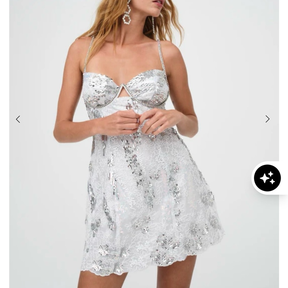 For Love & Lemons OPAL
mini dress. 
Silver
Size small
Worn 2 hours!